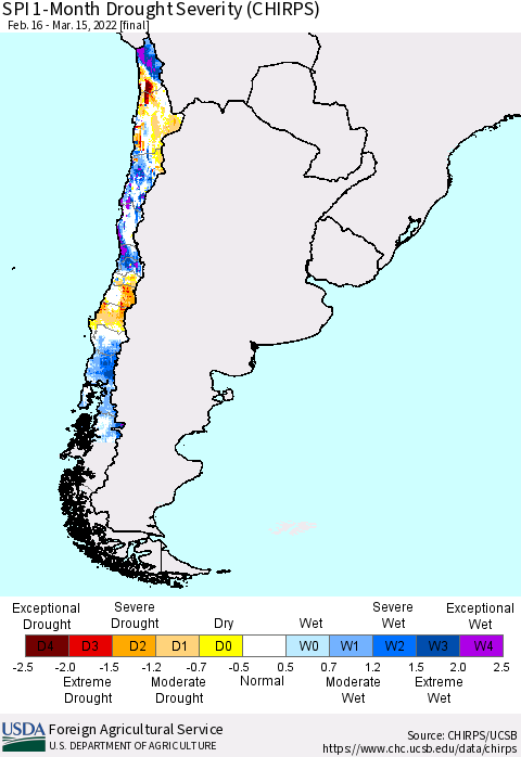 Chile SPI 1-Month Drought Severity (CHIRPS) Thematic Map For 2/16/2022 - 3/15/2022