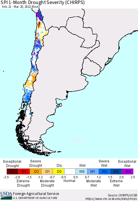Chile SPI 1-Month Drought Severity (CHIRPS) Thematic Map For 2/21/2022 - 3/20/2022
