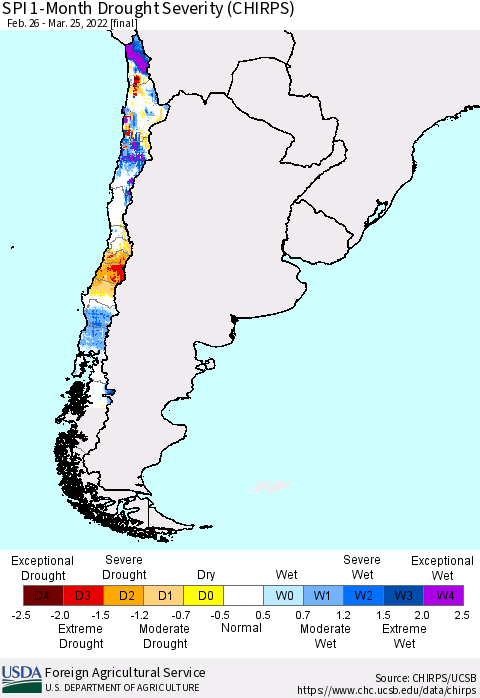 Chile SPI 1-Month Drought Severity (CHIRPS) Thematic Map For 2/26/2022 - 3/25/2022