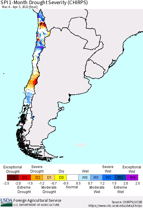 Chile SPI 1-Month Drought Severity (CHIRPS) Thematic Map For 3/6/2022 - 4/5/2022