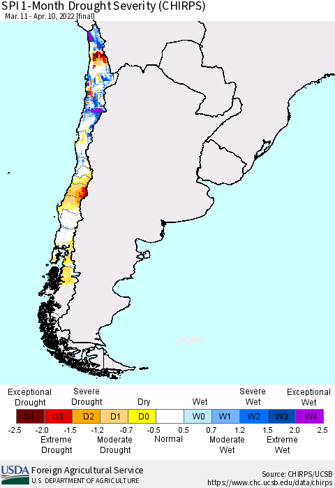 Chile SPI 1-Month Drought Severity (CHIRPS) Thematic Map For 3/11/2022 - 4/10/2022