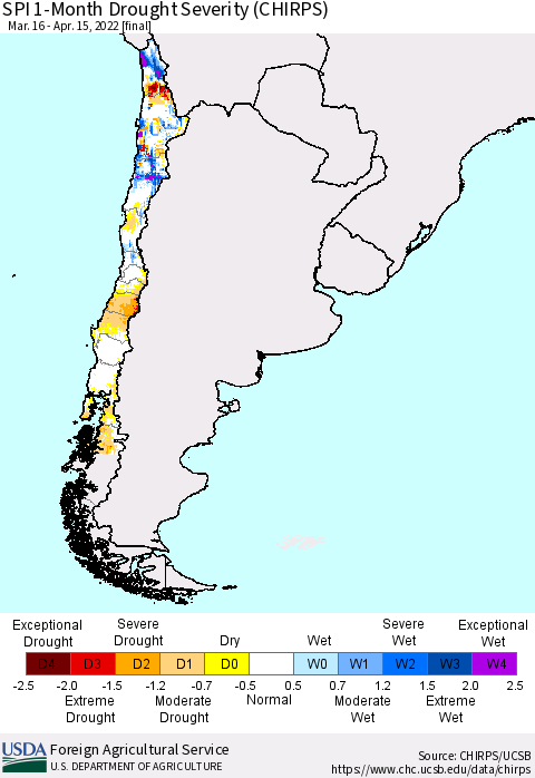 Chile SPI 1-Month Drought Severity (CHIRPS) Thematic Map For 3/16/2022 - 4/15/2022