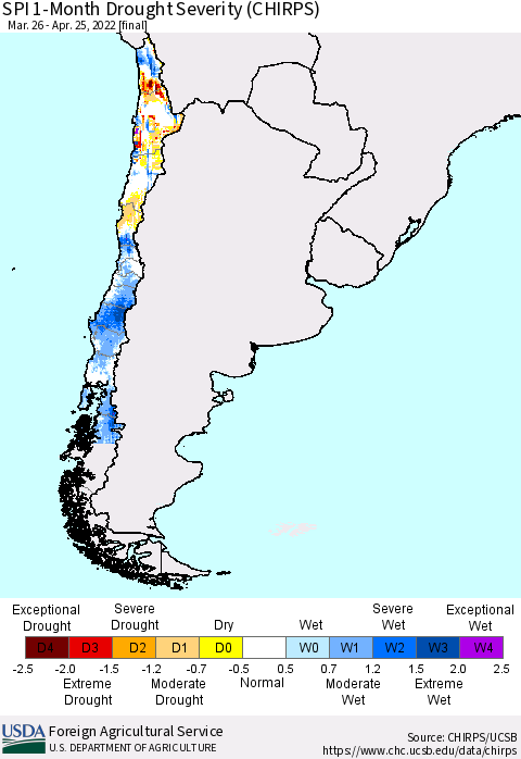 Chile SPI 1-Month Drought Severity (CHIRPS) Thematic Map For 3/26/2022 - 4/25/2022