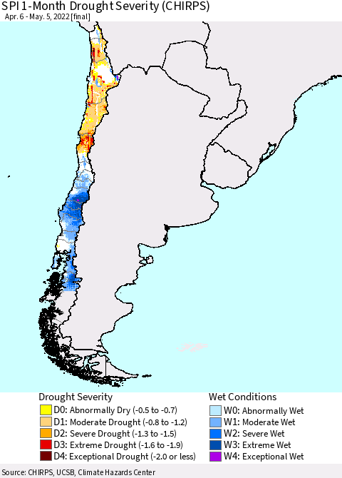 Chile SPI 1-Month Drought Severity (CHIRPS) Thematic Map For 4/6/2022 - 5/5/2022