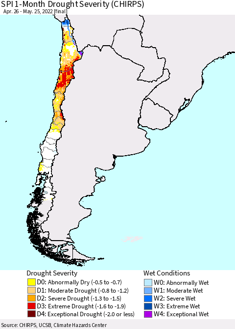 Chile SPI 1-Month Drought Severity (CHIRPS) Thematic Map For 4/26/2022 - 5/25/2022