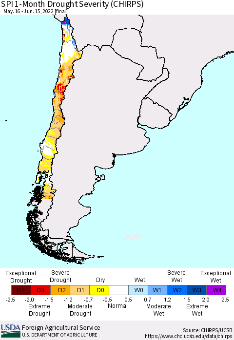 Chile SPI 1-Month Drought Severity (CHIRPS) Thematic Map For 5/16/2022 - 6/15/2022