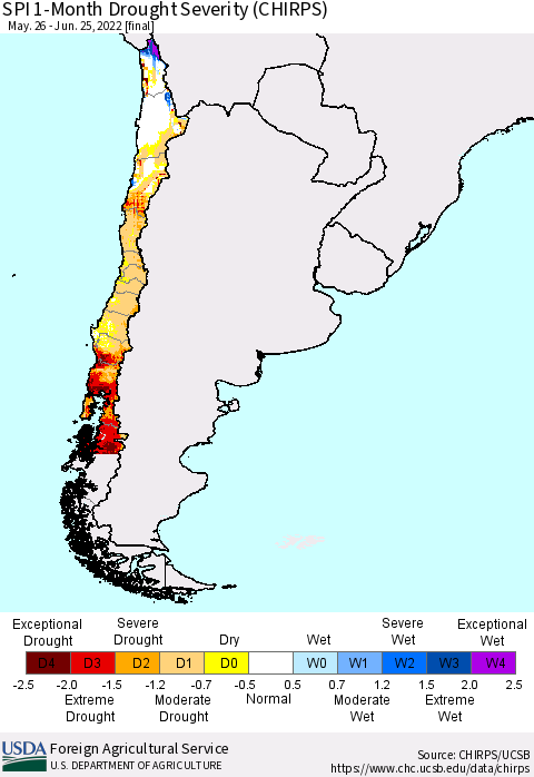 Chile SPI 1-Month Drought Severity (CHIRPS) Thematic Map For 5/26/2022 - 6/25/2022