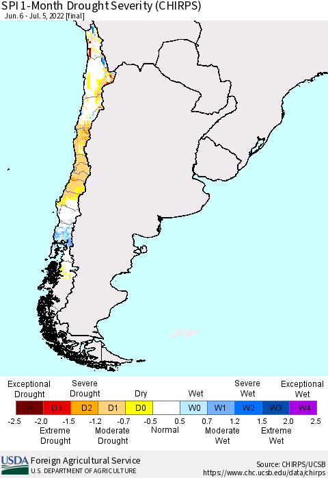 Chile SPI 1-Month Drought Severity (CHIRPS) Thematic Map For 6/6/2022 - 7/5/2022