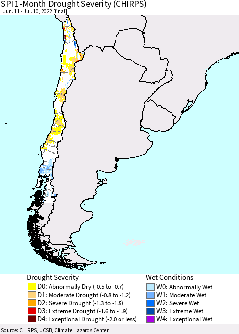 Chile SPI 1-Month Drought Severity (CHIRPS) Thematic Map For 6/11/2022 - 7/10/2022