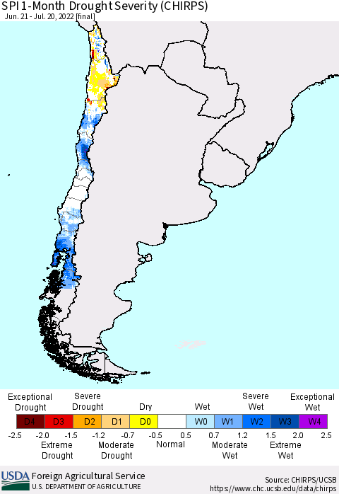 Chile SPI 1-Month Drought Severity (CHIRPS) Thematic Map For 6/21/2022 - 7/20/2022