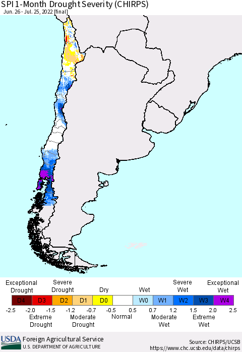 Chile SPI 1-Month Drought Severity (CHIRPS) Thematic Map For 6/26/2022 - 7/25/2022