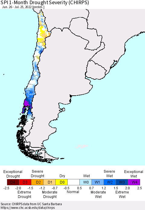Chile SPI 1-Month Drought Severity (CHIRPS) Thematic Map For 6/26/2022 - 7/25/2022