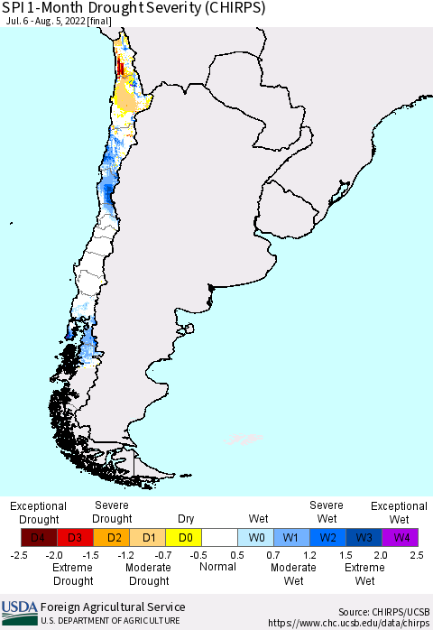 Chile SPI 1-Month Drought Severity (CHIRPS) Thematic Map For 7/6/2022 - 8/5/2022