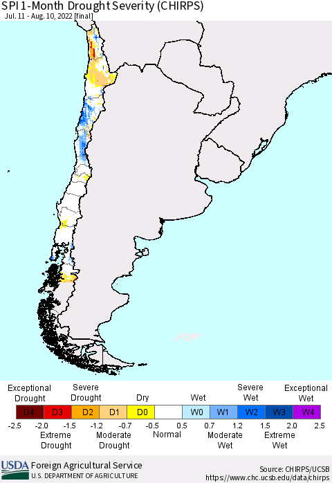 Chile SPI 1-Month Drought Severity (CHIRPS) Thematic Map For 7/11/2022 - 8/10/2022