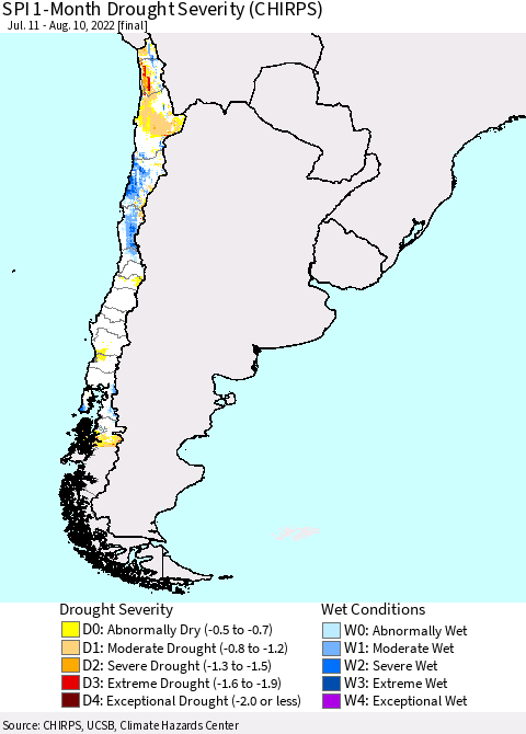 Chile SPI 1-Month Drought Severity (CHIRPS) Thematic Map For 7/11/2022 - 8/10/2022