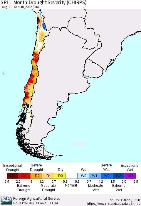 Chile SPI 1-Month Drought Severity (CHIRPS) Thematic Map For 8/11/2022 - 9/10/2022