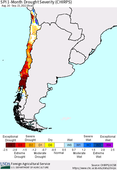 Chile SPI 1-Month Drought Severity (CHIRPS) Thematic Map For 8/16/2022 - 9/15/2022