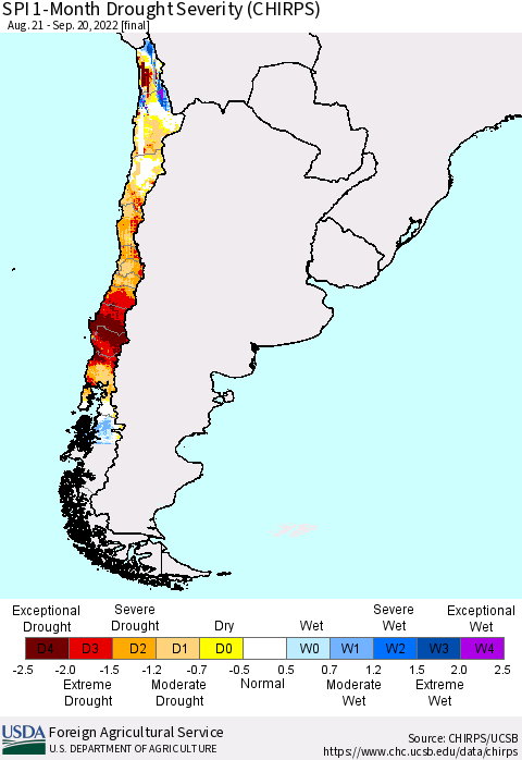 Chile SPI 1-Month Drought Severity (CHIRPS) Thematic Map For 8/21/2022 - 9/20/2022