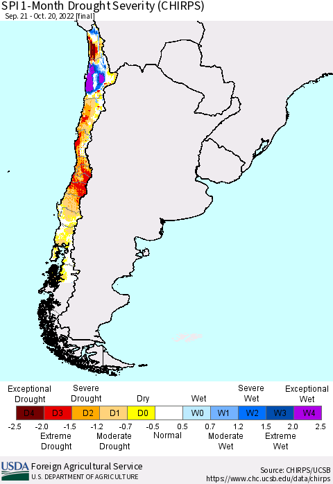 Chile SPI 1-Month Drought Severity (CHIRPS) Thematic Map For 9/21/2022 - 10/20/2022