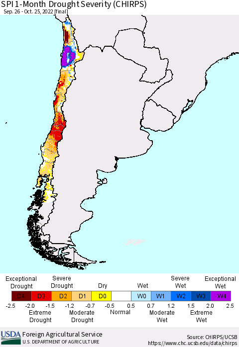 Chile SPI 1-Month Drought Severity (CHIRPS) Thematic Map For 9/26/2022 - 10/25/2022