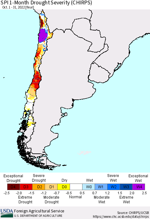 Chile SPI 1-Month Drought Severity (CHIRPS) Thematic Map For 10/1/2022 - 10/31/2022