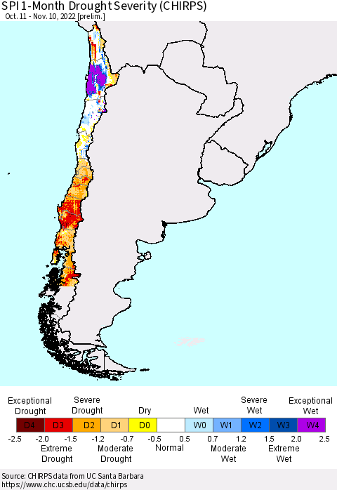 Chile SPI 1-Month Drought Severity (CHIRPS) Thematic Map For 10/11/2022 - 11/10/2022