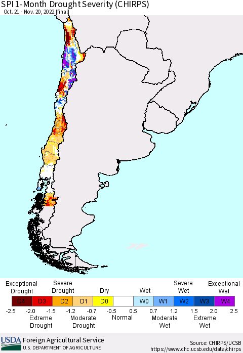 Chile SPI 1-Month Drought Severity (CHIRPS) Thematic Map For 10/21/2022 - 11/20/2022