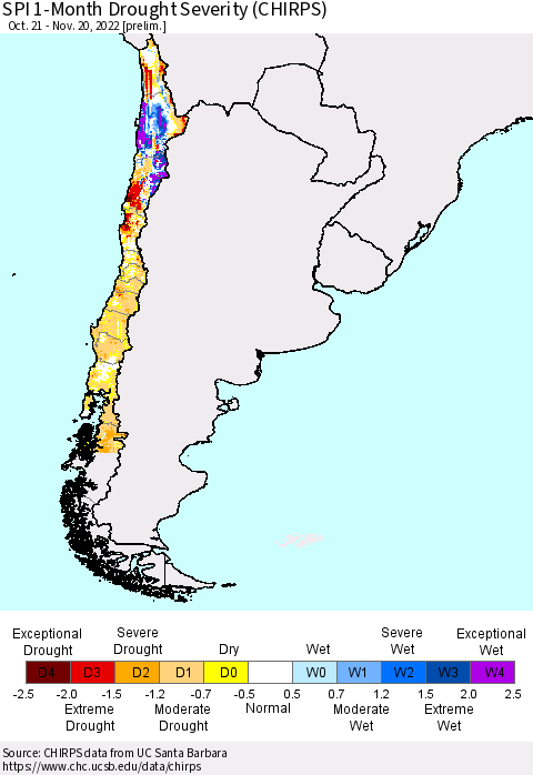 Chile SPI 1-Month Drought Severity (CHIRPS) Thematic Map For 10/21/2022 - 11/20/2022