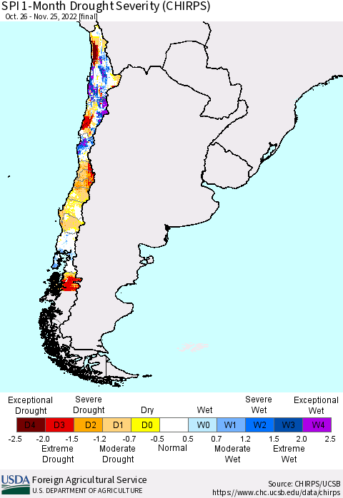 Chile SPI 1-Month Drought Severity (CHIRPS) Thematic Map For 10/26/2022 - 11/25/2022