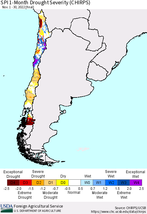 Chile SPI 1-Month Drought Severity (CHIRPS) Thematic Map For 11/1/2022 - 11/30/2022