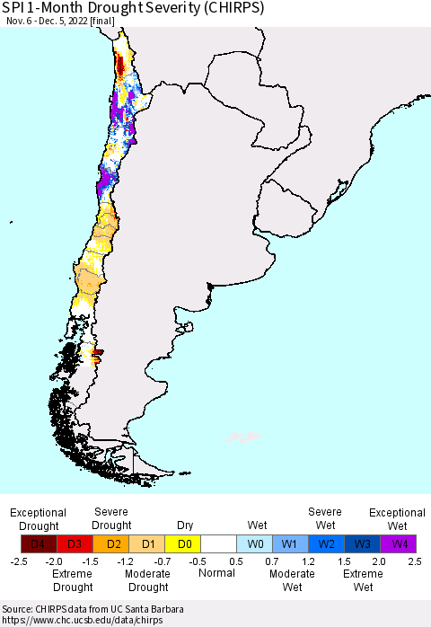 Chile SPI 1-Month Drought Severity (CHIRPS) Thematic Map For 11/6/2022 - 12/5/2022