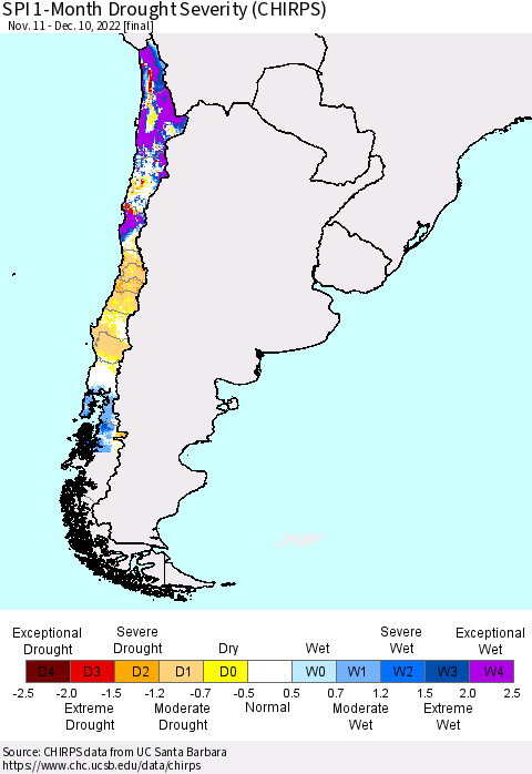Chile SPI 1-Month Drought Severity (CHIRPS) Thematic Map For 11/11/2022 - 12/10/2022