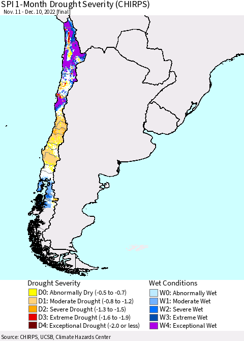 Chile SPI 1-Month Drought Severity (CHIRPS) Thematic Map For 11/11/2022 - 12/10/2022