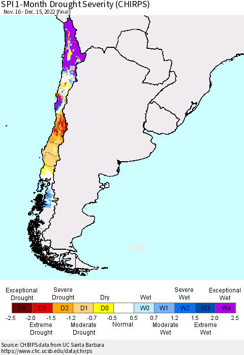 Chile SPI 1-Month Drought Severity (CHIRPS) Thematic Map For 11/16/2022 - 12/15/2022