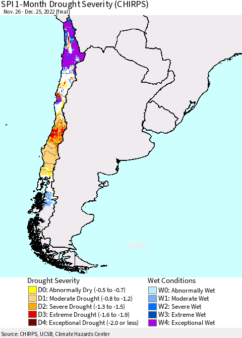 Chile SPI 1-Month Drought Severity (CHIRPS) Thematic Map For 11/26/2022 - 12/25/2022