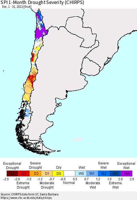 Chile SPI 1-Month Drought Severity (CHIRPS) Thematic Map For 12/1/2022 - 12/31/2022