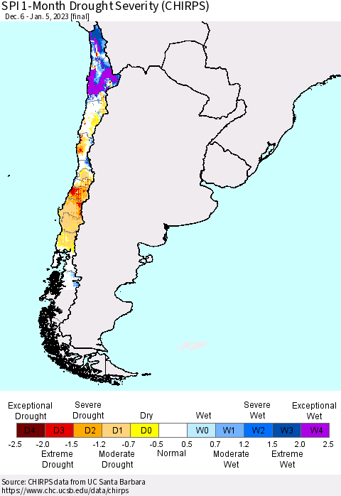 Chile SPI 1-Month Drought Severity (CHIRPS) Thematic Map For 12/6/2022 - 1/5/2023
