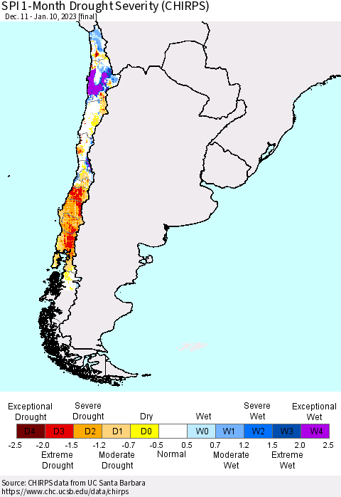Chile SPI 1-Month Drought Severity (CHIRPS) Thematic Map For 12/11/2022 - 1/10/2023