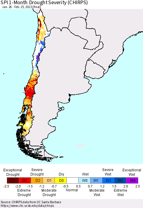 Chile SPI 1-Month Drought Severity (CHIRPS) Thematic Map For 1/26/2023 - 2/25/2023