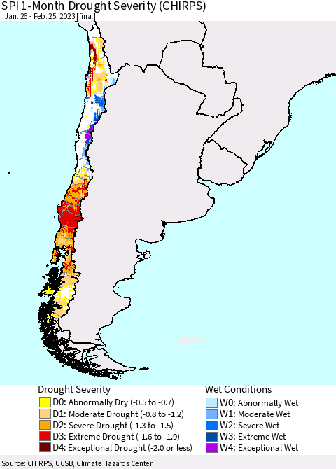 Chile SPI 1-Month Drought Severity (CHIRPS) Thematic Map For 1/26/2023 - 2/25/2023