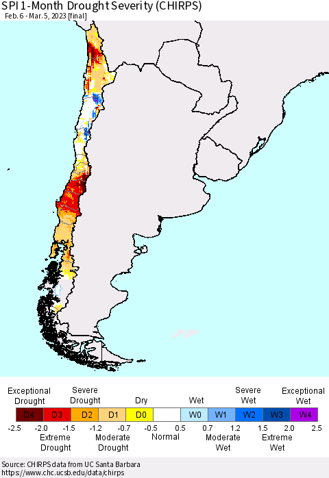 Chile SPI 1-Month Drought Severity (CHIRPS) Thematic Map For 2/6/2023 - 3/5/2023