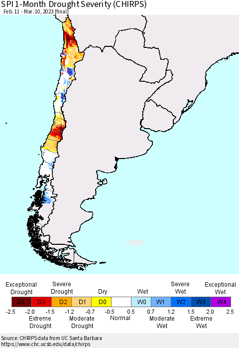 Chile SPI 1-Month Drought Severity (CHIRPS) Thematic Map For 2/11/2023 - 3/10/2023