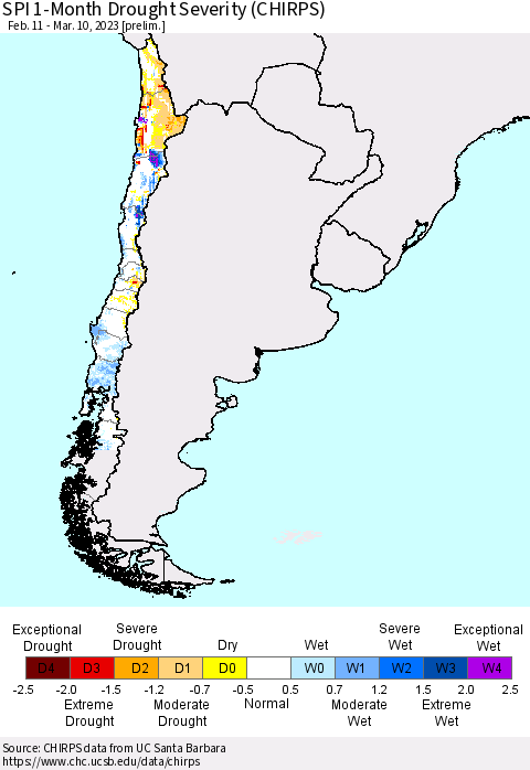 Chile SPI 1-Month Drought Severity (CHIRPS) Thematic Map For 2/11/2023 - 3/10/2023