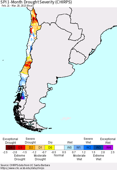 Chile SPI 1-Month Drought Severity (CHIRPS) Thematic Map For 2/21/2023 - 3/20/2023