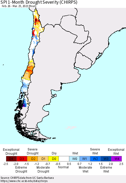 Chile SPI 1-Month Drought Severity (CHIRPS) Thematic Map For 2/26/2023 - 3/25/2023