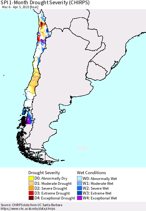 Chile SPI 1-Month Drought Severity (CHIRPS) Thematic Map For 3/6/2023 - 4/5/2023