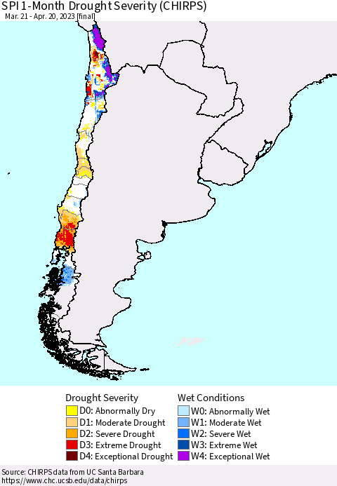 Chile SPI 1-Month Drought Severity (CHIRPS) Thematic Map For 3/21/2023 - 4/20/2023