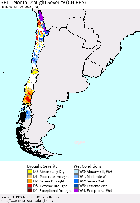 Chile SPI 1-Month Drought Severity (CHIRPS) Thematic Map For 3/26/2023 - 4/25/2023
