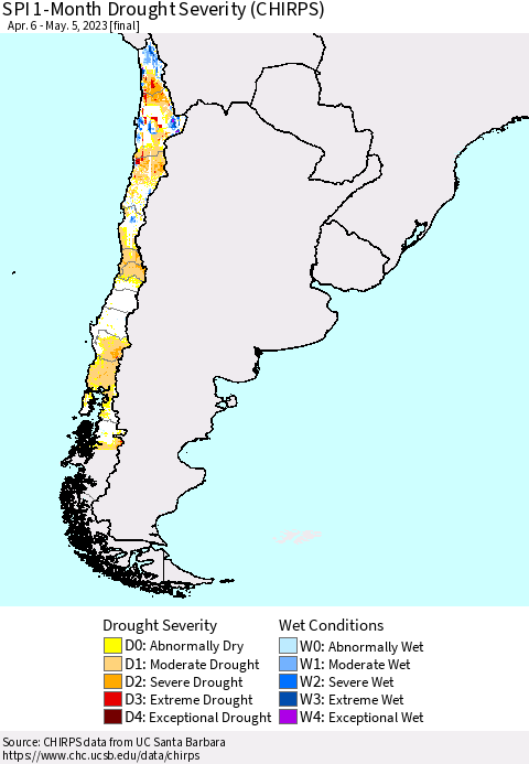 Chile SPI 1-Month Drought Severity (CHIRPS) Thematic Map For 4/6/2023 - 5/5/2023