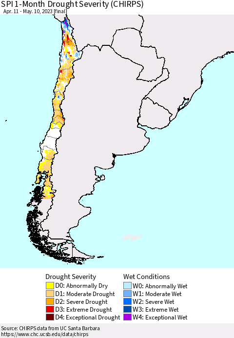 Chile SPI 1-Month Drought Severity (CHIRPS) Thematic Map For 4/11/2023 - 5/10/2023